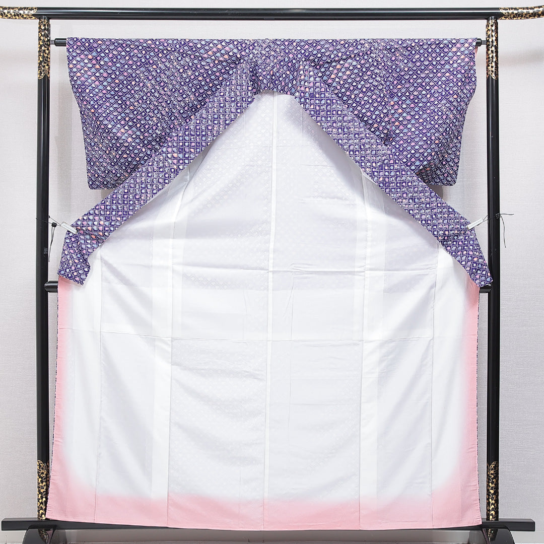 洗える着物 小紋 袷 身丈163cm 裄丈64cm ポリエステル Sランク インフォーマル 広衿 Lサイズ 菊 梅 紫系 RP 1221-16296