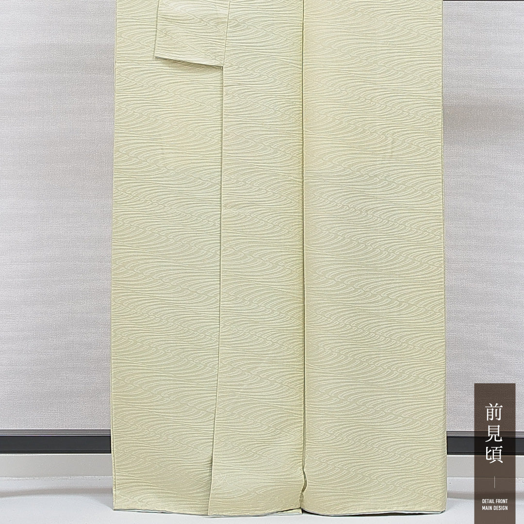 色無地 袷 身丈163cm 裄丈65cm 正絹 Cランク 一つ紋 (丸に五三桐) 紋意匠 (流水) セミフォーマル 広衿 Lサイズ 緑系 HP 1219-16727