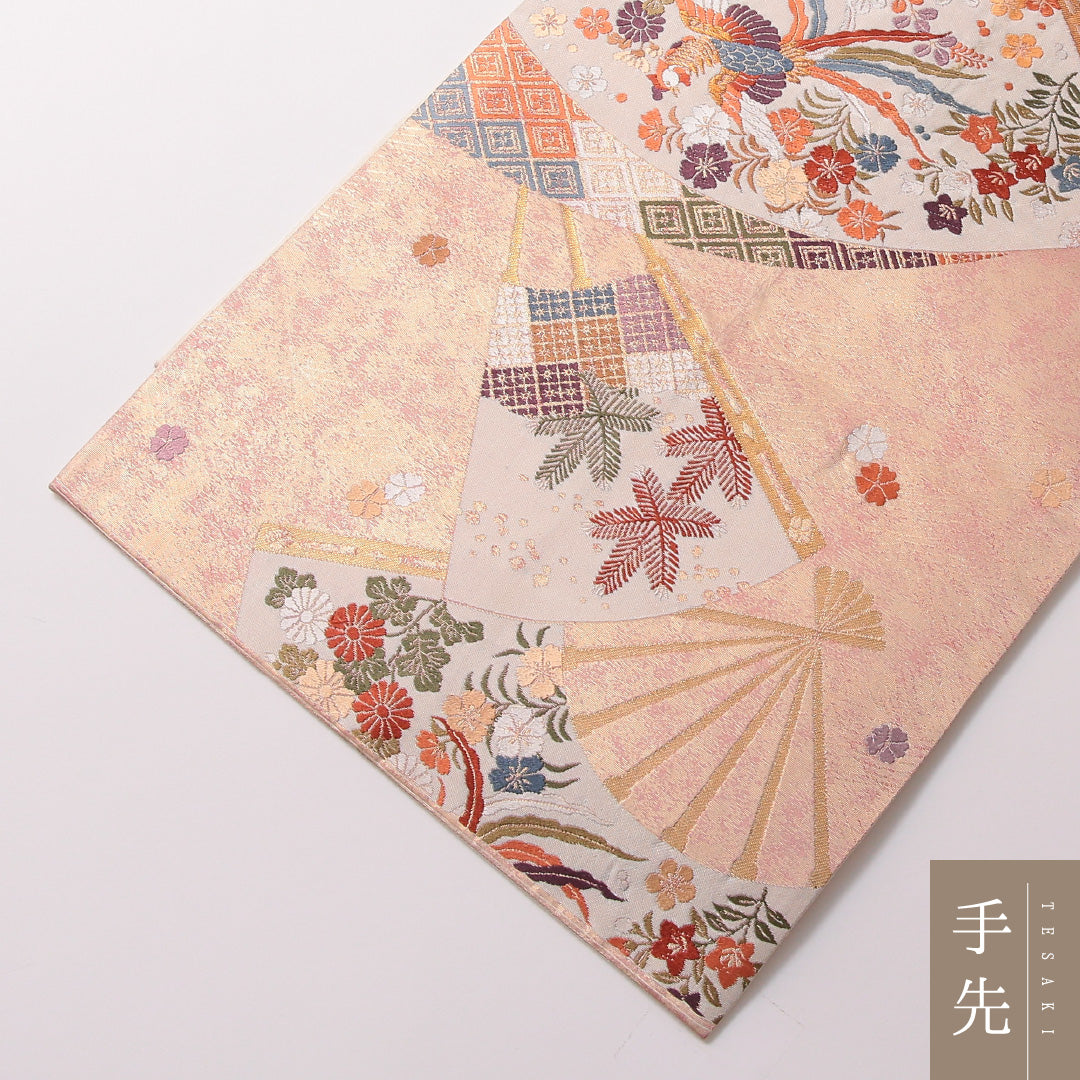 袋帯 帯丈424cm 正絹 六通 フォーマル 扇面文 鳳凰 金系 ピンク系 1243-01794