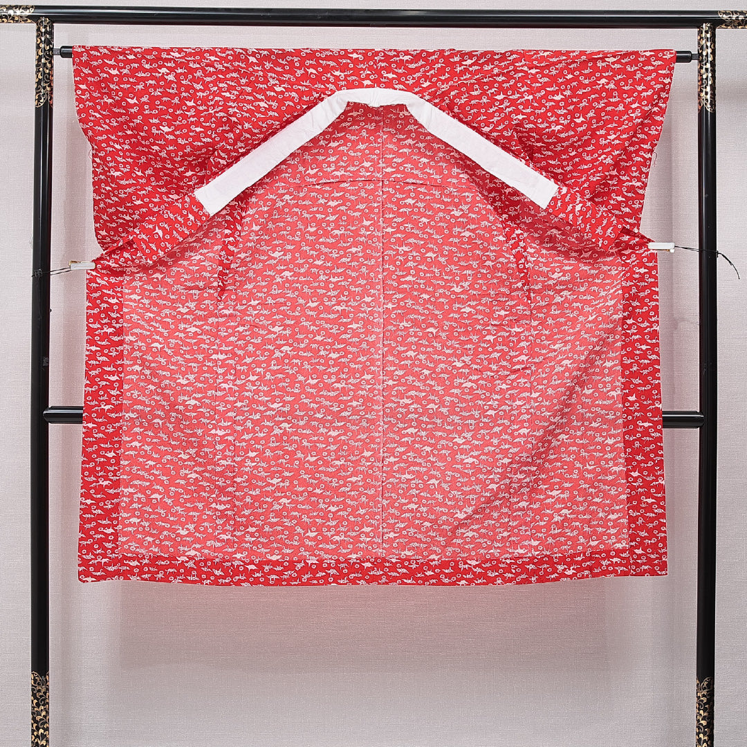 長襦袢 単衣 身丈125cm 裄丈63cm 正絹 Aランク Mサイズ バチ衿 肩当て 鶴 赤系 1229-15673