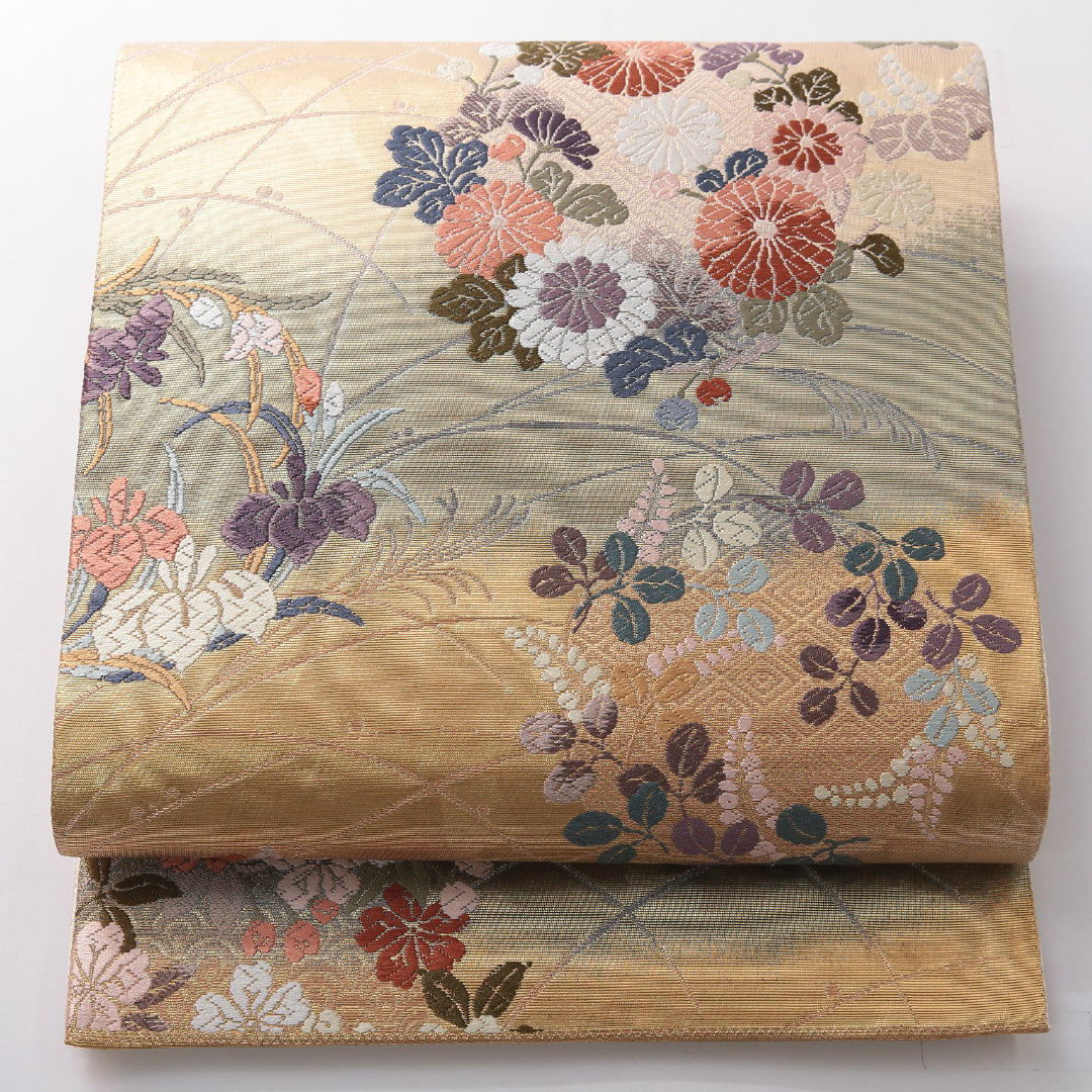 袋帯 帯丈442cm 正絹 六通 フォーマル 風景柄 四季草花 吉祥文様 多色系 1243-02117