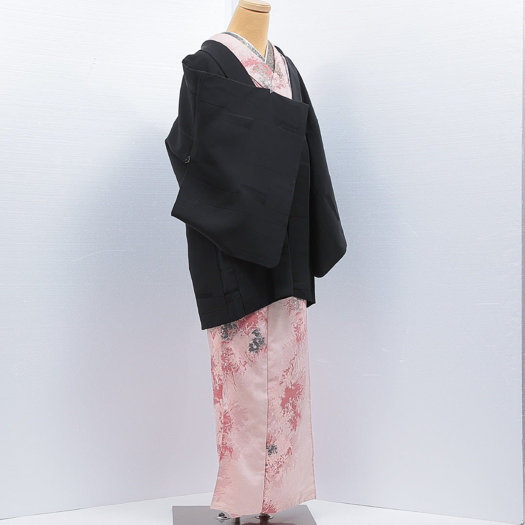 黒羽織 袷 身丈81cm 裄丈64cm 正絹 Sランク 一つ紋 (五三桐) セミフォーマル Mサイズ 無地 黒系 RP 1233-16828