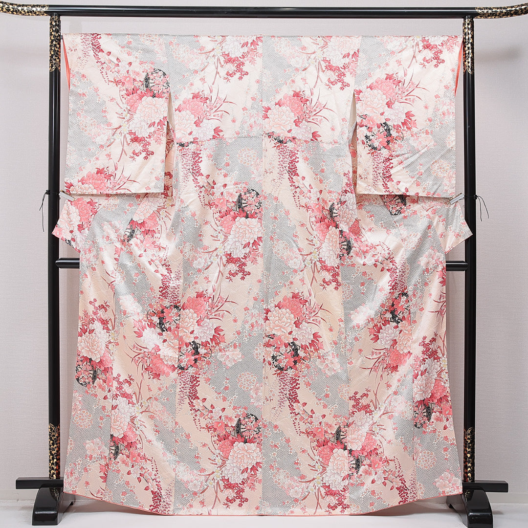 小紋 袷 身丈166cm 裄丈66cm 正絹 Cランク XLサイズ 広衿 インフォーマル 牡丹 ピンク系 1215-15647