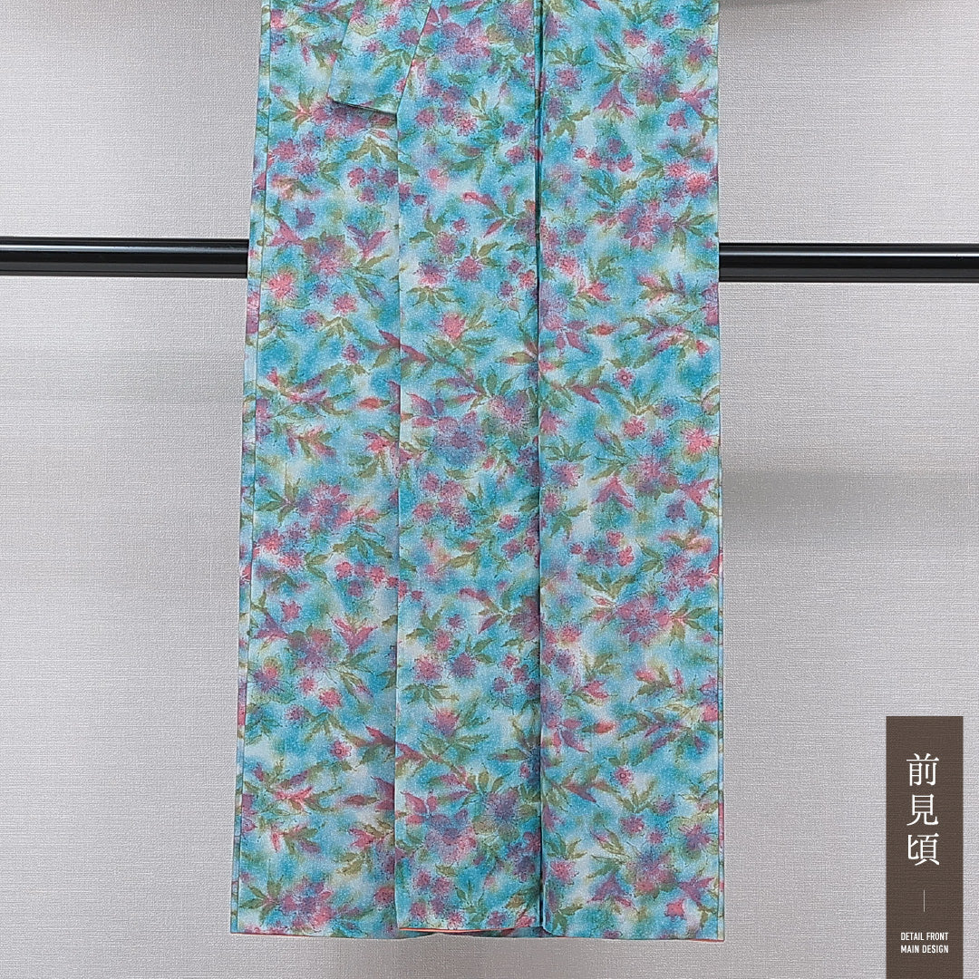 小紋 袷 身丈141cm 裄丈56cm 正絹 Sランク インフォーマル バチ衿 XSサイズ 花柄 水色系 RP 1221-15476