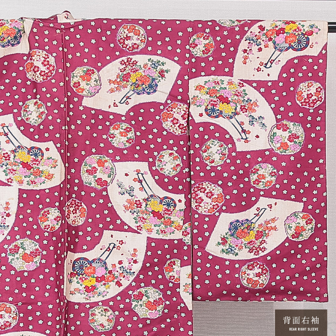 アンティーク 羽織（紬） 袷 身丈93cm 裄丈63cm 正絹 Cランク Sサイズ 後染め 扇 牡丹 紫系 1217-15324