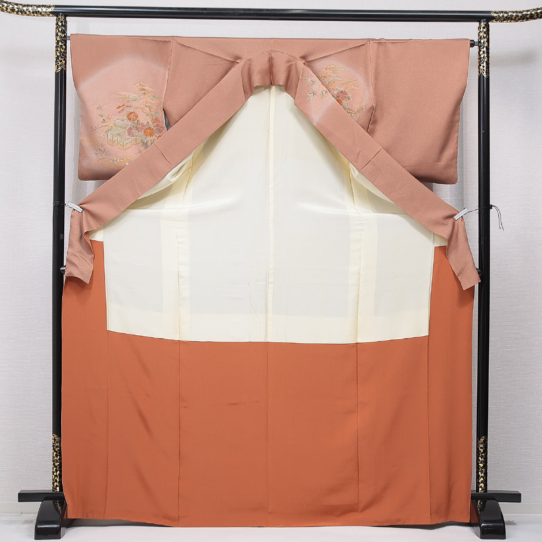 訪問着 袷 身丈172cm 裄丈65cm 正絹 Cランク セミフォーマル 広衿 2XLサイズ 茶屋辻 古典的 優しい 茶系 HP 1217-15708