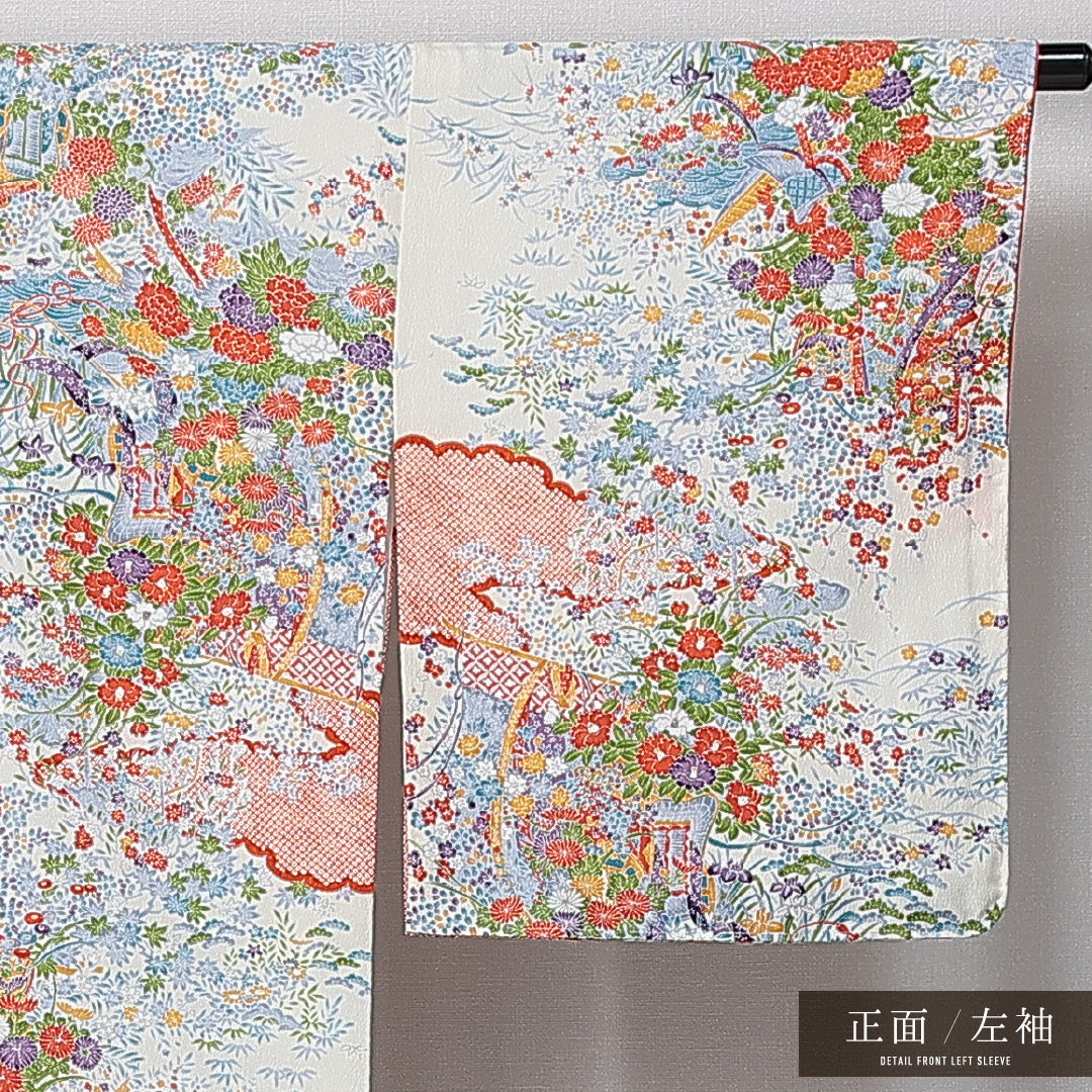 未使用品 小紋 袷 身丈160cm 裄丈64cm 正絹 Nランク インフォーマル 広衿 Lサイズ 花車 山水 白系 RP 1221-15014