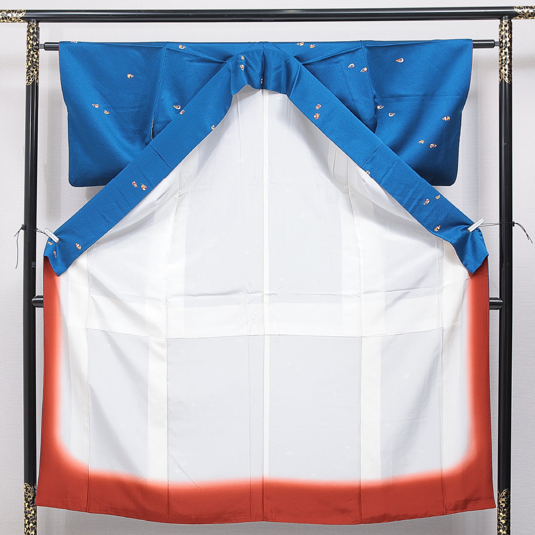 小紋 袷 身丈152cm 裄丈60cm 正絹 Sランク Sサイズ 広衿 インフォーマル 鴛鴦 青系 1215-15903