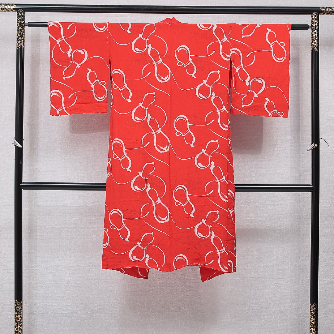 アンティーク 長襦袢 袷 身丈118cm 裄丈58cm 正絹 Bランク XSサイズ バチ衿 瓢箪 金彩 赤系 1229-15671