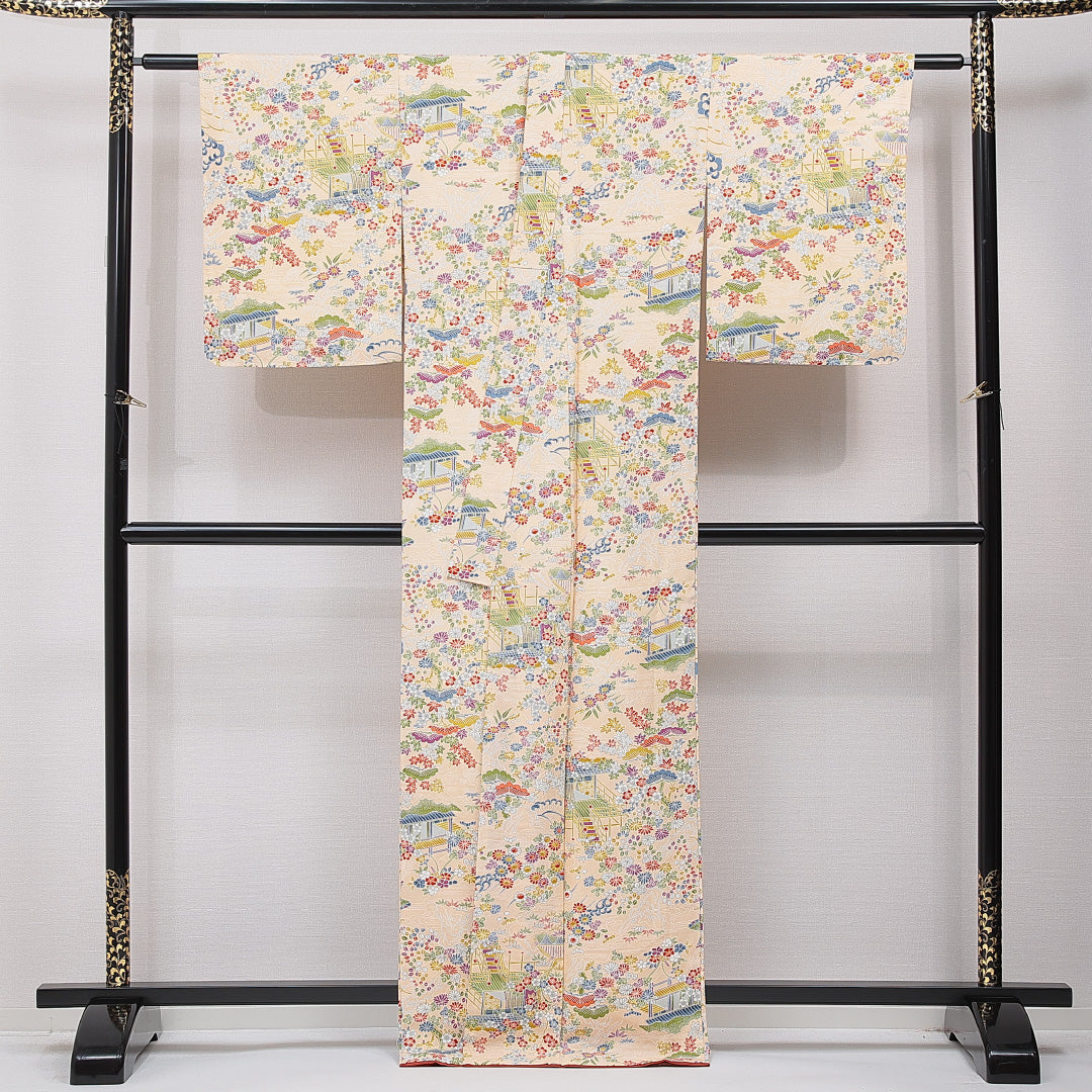 未使用品 小紋 袷 身丈165cm 裄丈64cm 正絹 Nランク インフォーマル バチ衿 XLサイズ 御所解 紅葉 クリーム系 RP 1221-15376