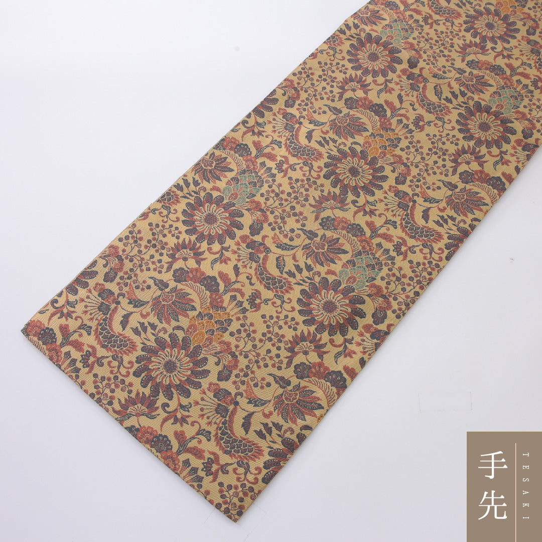 袋帯 帯丈450cm 正絹 全通 帯芯なし インフォーマル 綴れ織 花鳥文 ベージュ系 1243-02197
