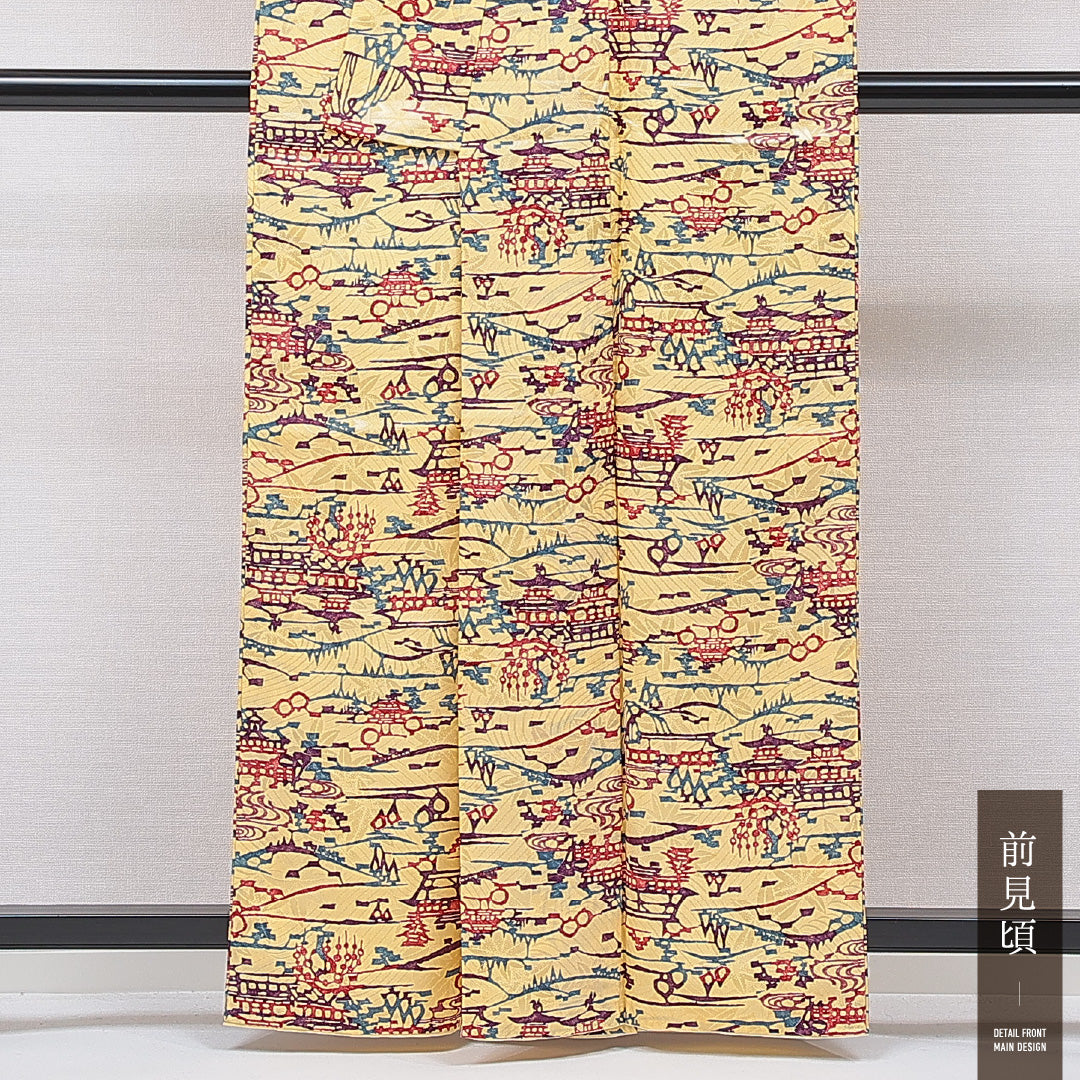 小紋 洗える着物 袷 身丈160cm 裄丈63cm ポリエステル Cランク Lサイズ 広衿 インフォーマル 楼閣 黄系 1215-15786