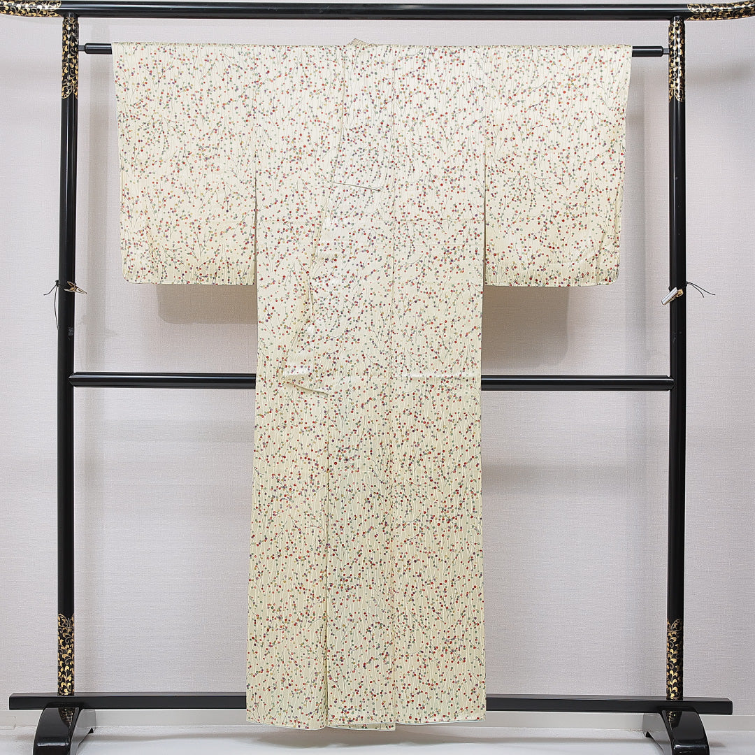 小紋 袷 身丈157cm 裄丈63cm 正絹 Sランク インフォーマル 広衿 Mサイズ 植物柄 クリーム系 RP 1221-15641