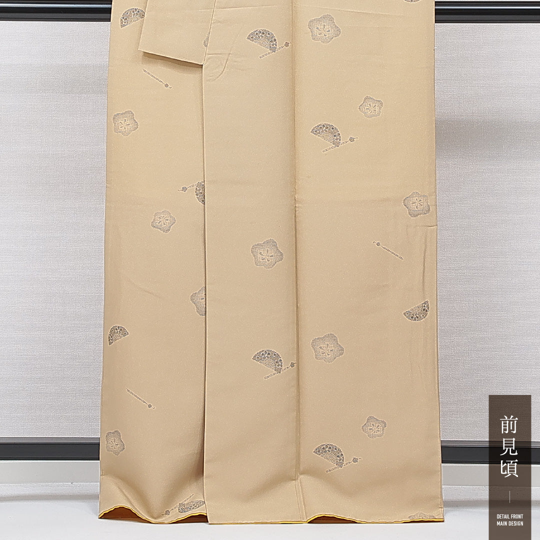 小紋 洗える着物 袷 身丈165cm 裄丈66cm ポリエステル Cランク XLサイズ 広衿 インフォーマル 簪 梅 茶系 ベージュ系 1215-15831