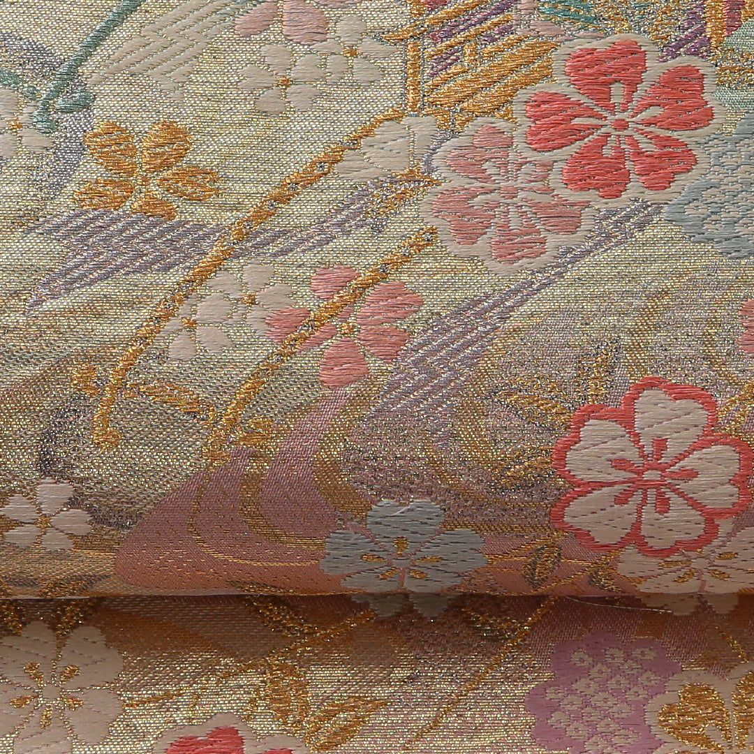 袋帯 帯丈440cm フォーマル 六通 Sランク 正絹 花車 桜 金系 多色系 1223-01891