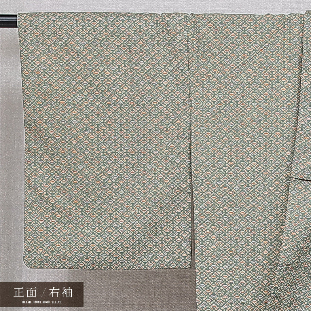 洗える着物 小紋 袷 身丈165cm 裄丈65cm ポリエステル Sランク インフォーマル 広衿 XLサイズ 扇 唐笠 緑系 RP 1221-16076