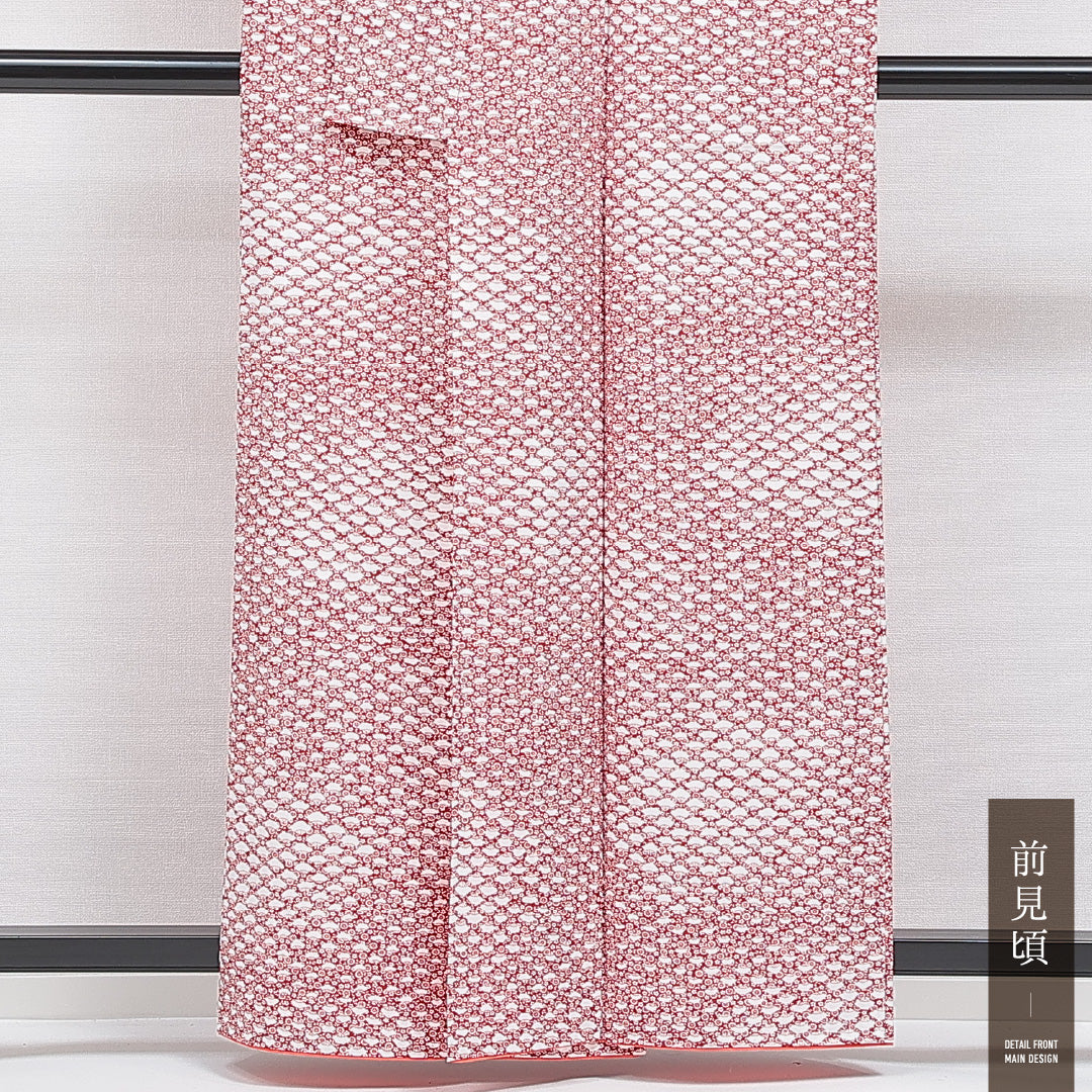 洗える着物 小紋 袷 身丈159cm 裄丈60cm ポリエステル Sランク インフォーマル 広衿 Mサイズ 扇 赤系 RP 1221-16429