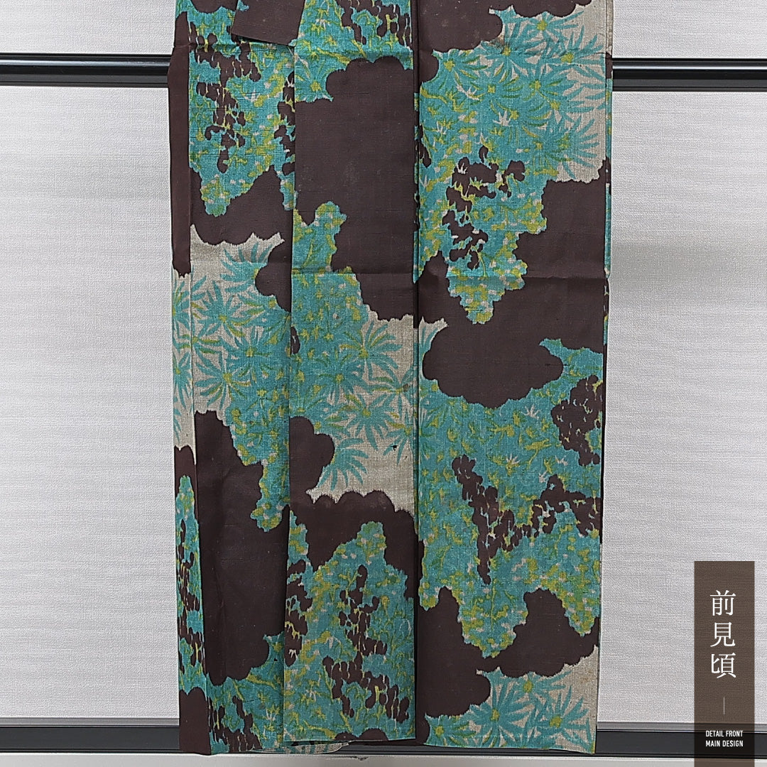 アンティーク 紬 単衣 身丈154cm 裄丈64cm 正絹 Cランク Sサイズ バチ衿 居敷当て 肩当て 創作柄 茶系 1216-15662