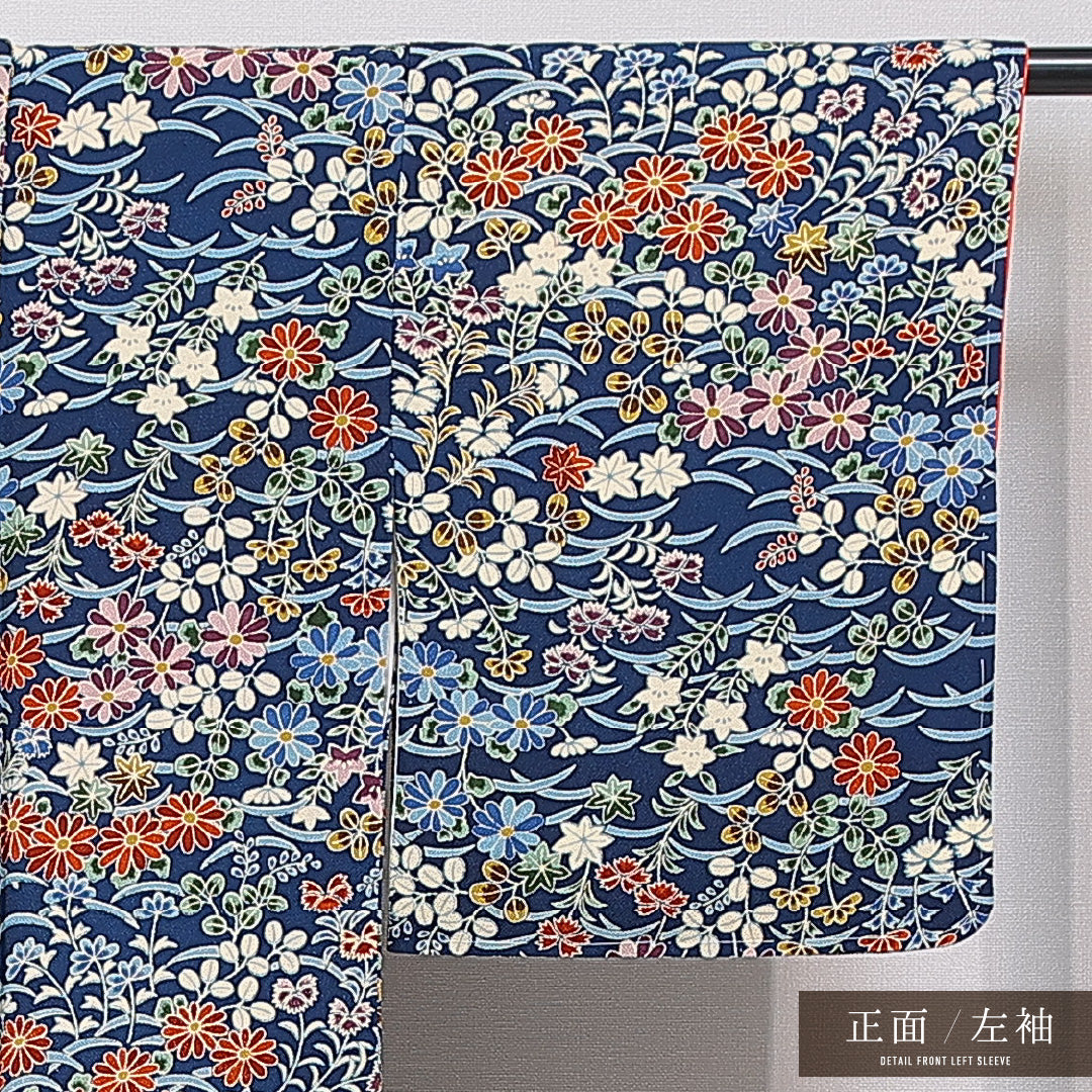 小紋 袷 身丈156cm 裄丈62cm 正絹 Sランク インフォーマル 広衿 Mサイズ 菊 青系 RP 1221-15638