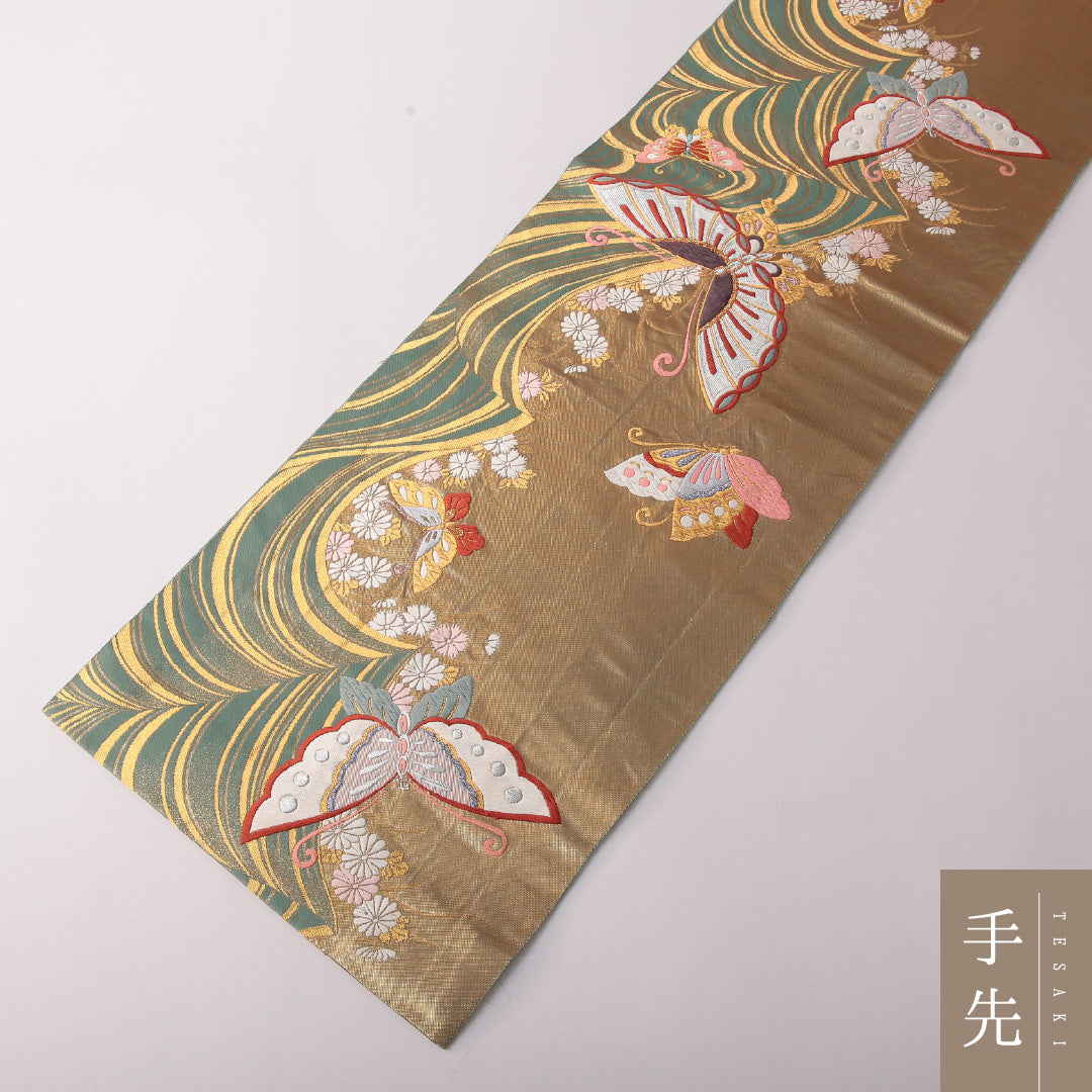 振袖用 袋帯 帯丈428cm 正絹 六通 帯端のみ未仕立て 蝶 吉祥文様 金系 1243-01808