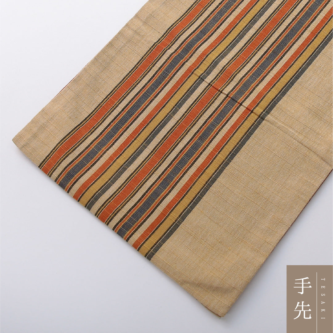 九寸名古屋帯 Sランク 帯丈352cm 正絹 全通 開き仕立て 織り カジュアル 紬 縞 ベージュ系 RP 1245-03706