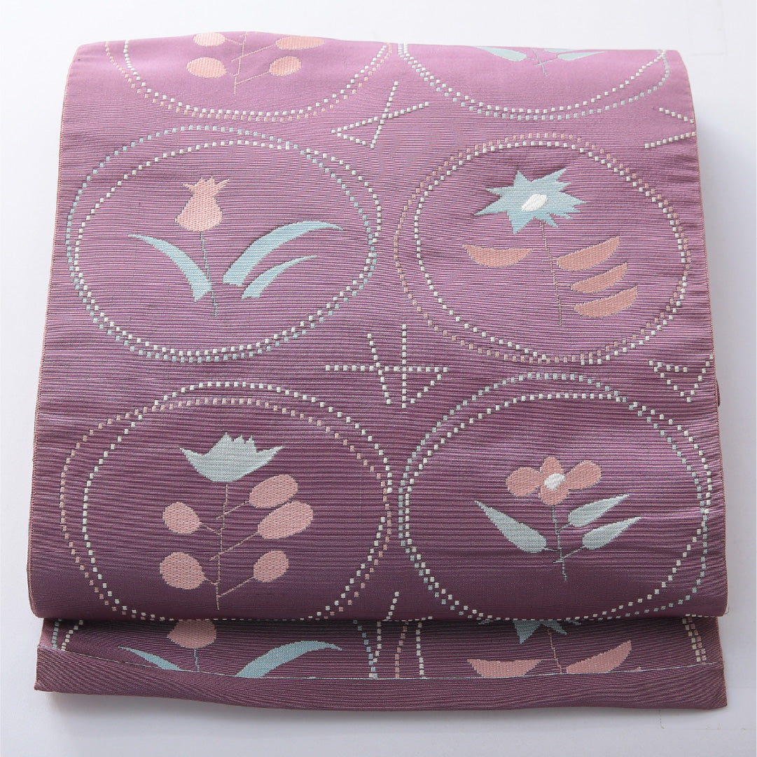 八寸名古屋帯 帯丈350cm カジュアル 松葉仕立て 六通 Cランク 正絹 チューリップ 紫系 1224-03947