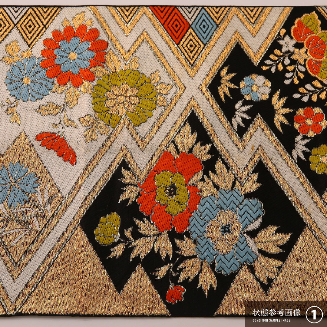 袋帯 帯丈412cm フォーマル 六通 未仕立て 帯芯なし Bランク 正絹 吉祥文様 松皮菱 黒系 金系 1223-01892