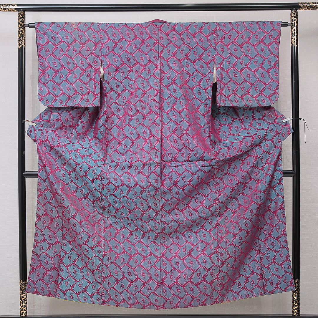 アンティーク お召 袷 身丈155cm 裄丈60cm 正絹 Bランク バチ衿 Mサイズ 花柄 緑系 RP 1222-15192
