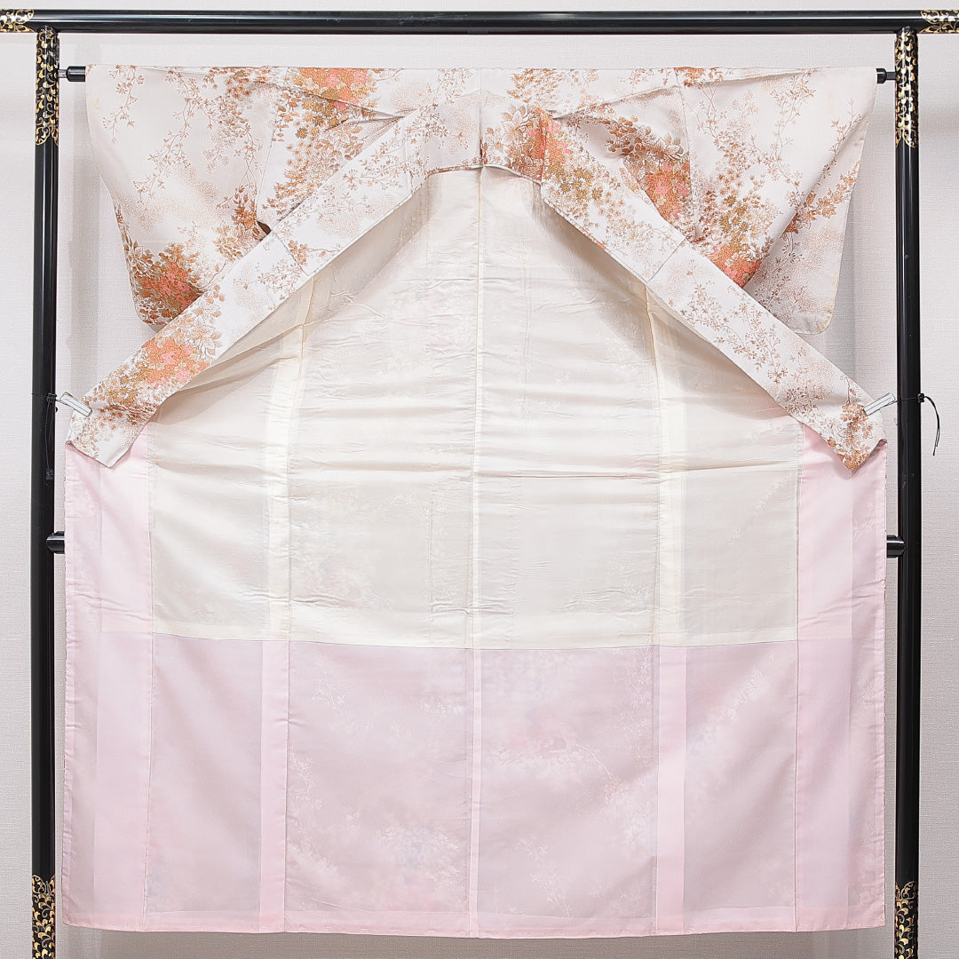 お召 袷 身丈152cm 裄丈63cm 正絹 Cランク Sサイズ 広衿 インフォーマル 牡丹 白系 金系 1265-15742