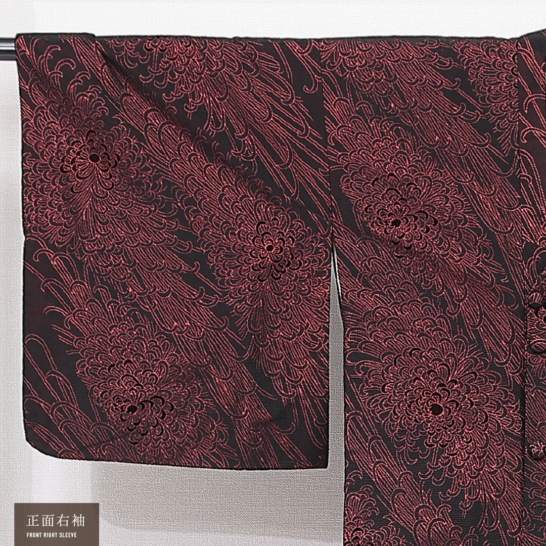道行コート 袷 身丈103cm 裄丈31cm 正絹 Aランク Sサイズ フォーマル ポケットあり 植物柄 黒系 赤系 1263-15128