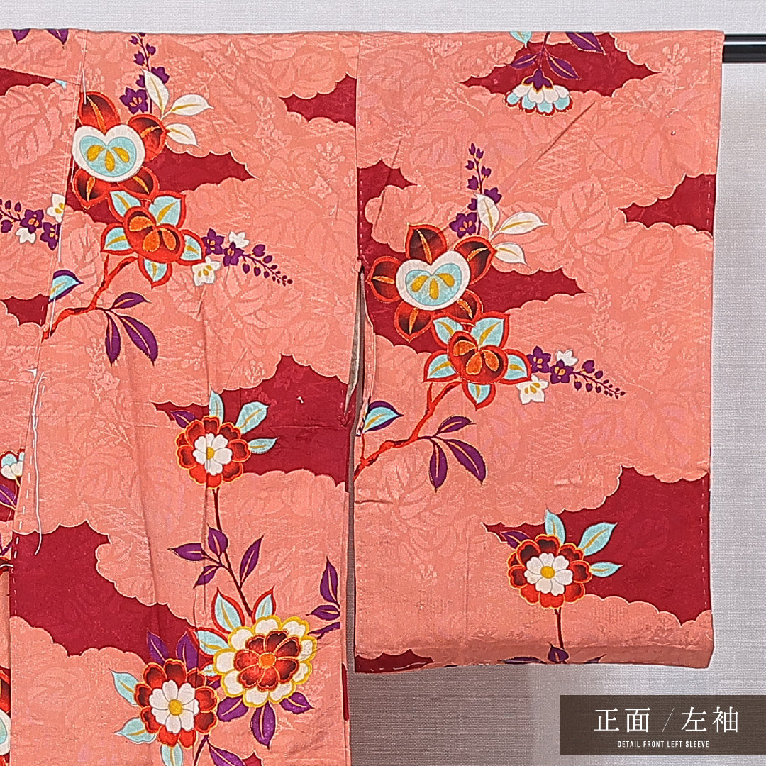 アンティーク 小紋 袷 身丈127cm 裄丈62cm 正絹 Cランク 広衿 XSサイズ 橘 朱系 M4 1221-16744