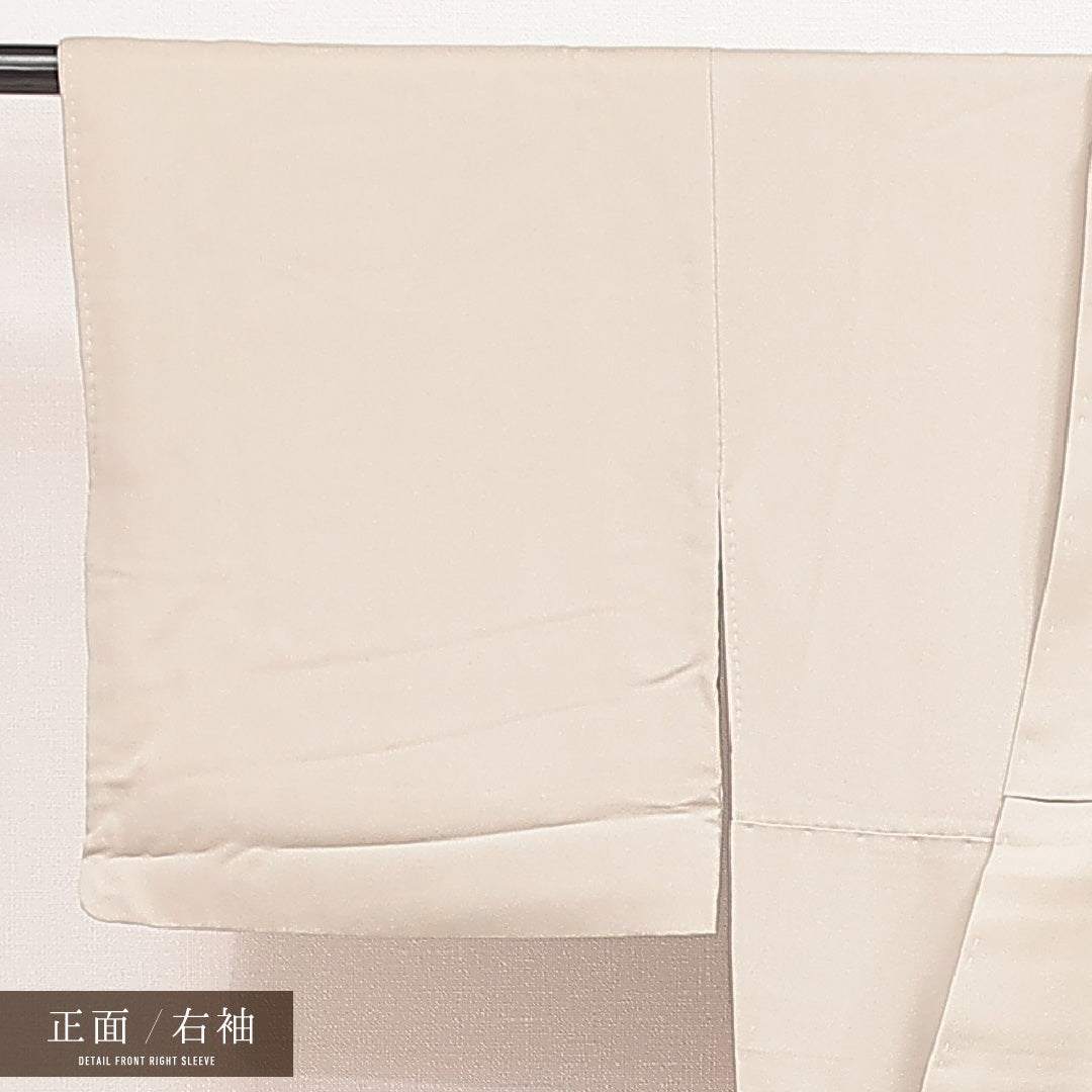 訪問着 袷 身丈155cm 裄丈63cm 正絹 Sランク Mサイズ 広衿 一つ紋（丸に違い鷹の羽） セミフォーマル 扇 椿 金駒刺繍 ベージュ系 1212-16872