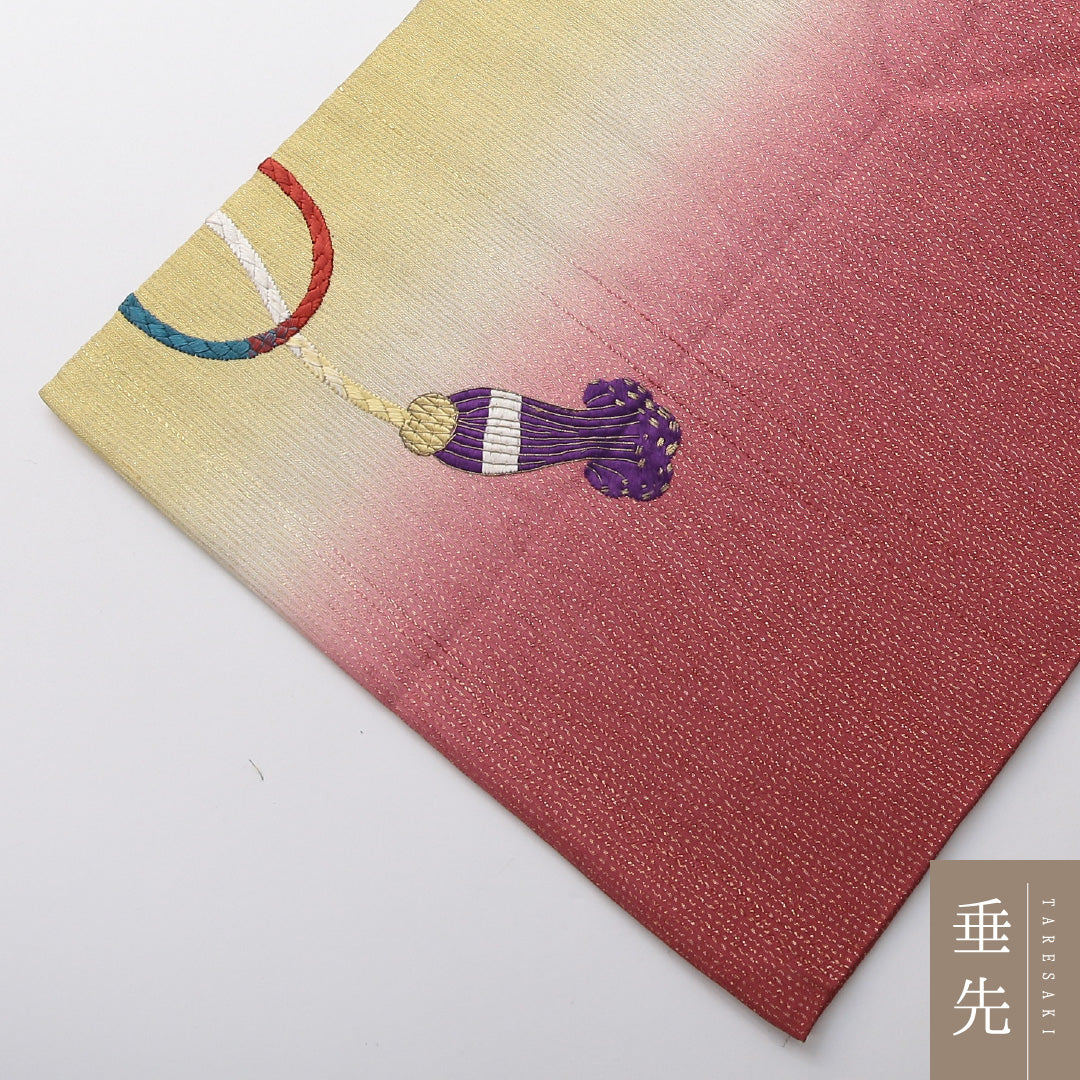 アンティーク 九寸名古屋帯 帯丈363cm 名古屋仕立て ポイント柄 Aランク 正絹 銀駒刺繍 組紐 ピンク系 黄系 1224-03710