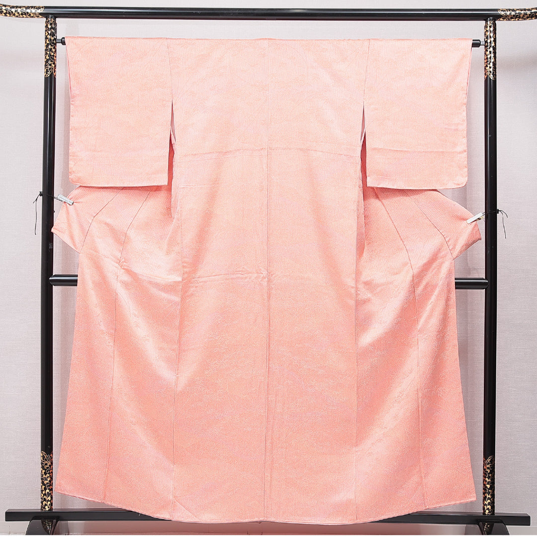 小紋 袷 身丈157cm 裄丈63cm 正絹 Sランク インフォーマル 広衿 Mサイズ 笹 朱系 RP 1221-15580