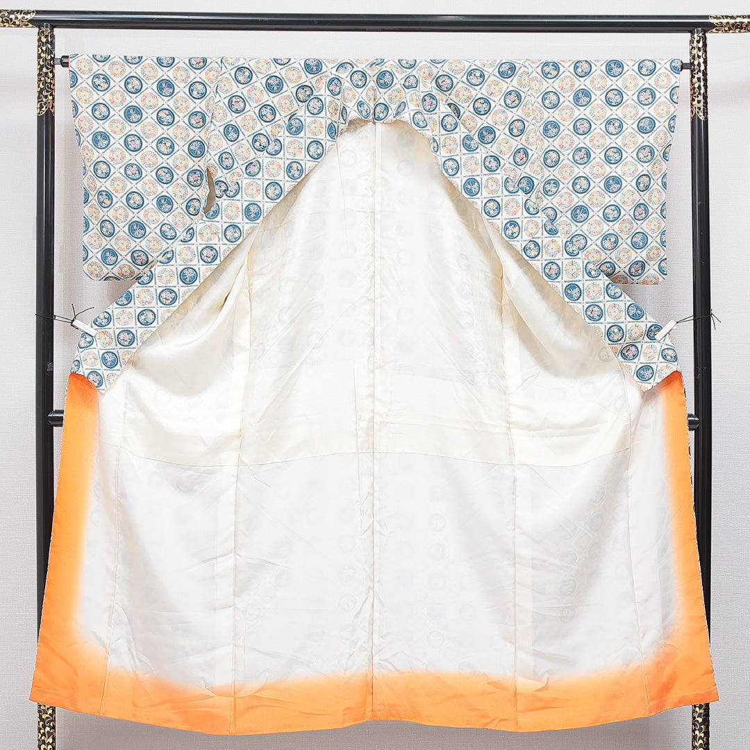 小紋 袷 身丈151cm 裄丈65cm 正絹 Aランク Sサイズ 広衿 インフォーマル ちりめん 格天井文 唐華 クリーム系 1215-16664