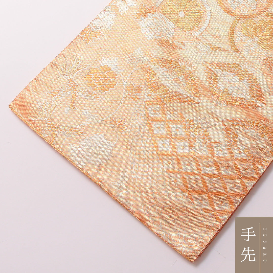 袋帯 帯丈440cm 正絹 全通 フォーマル 尾長鳥 吉祥文様 金系 朱系 1243-01853