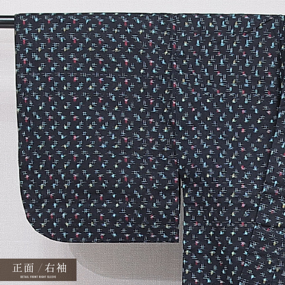 洗える着物 木綿の紬 単衣 身丈150cm 裄丈59cm 木綿 Aランク カジュアル バチ衿 Sサイズ 肩当て 創作柄 紺系 RP 1223-15372