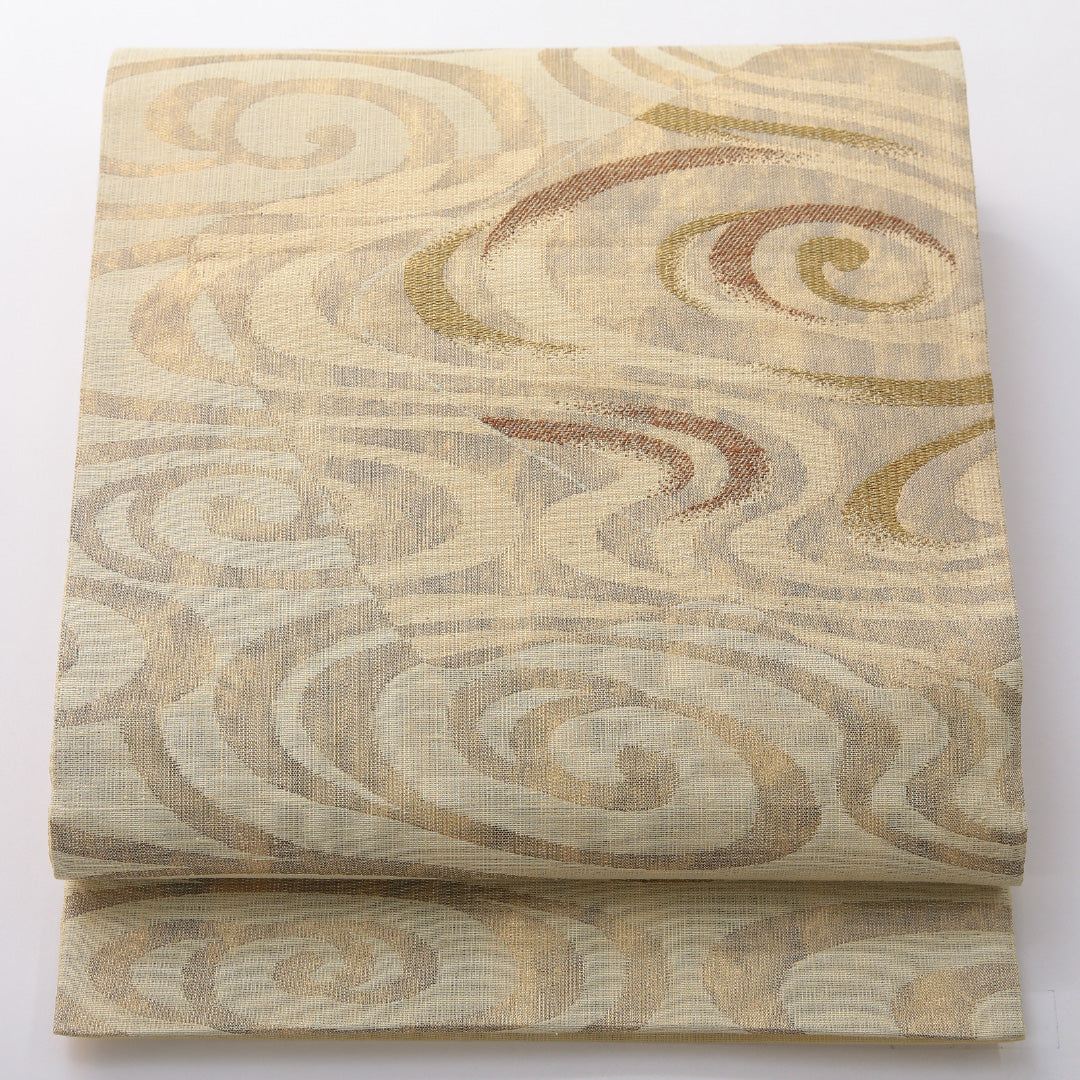 袋帯 帯丈442cm セミフォーマル 六通 Sランク 正絹 渦巻 クリーム系 1223-02080