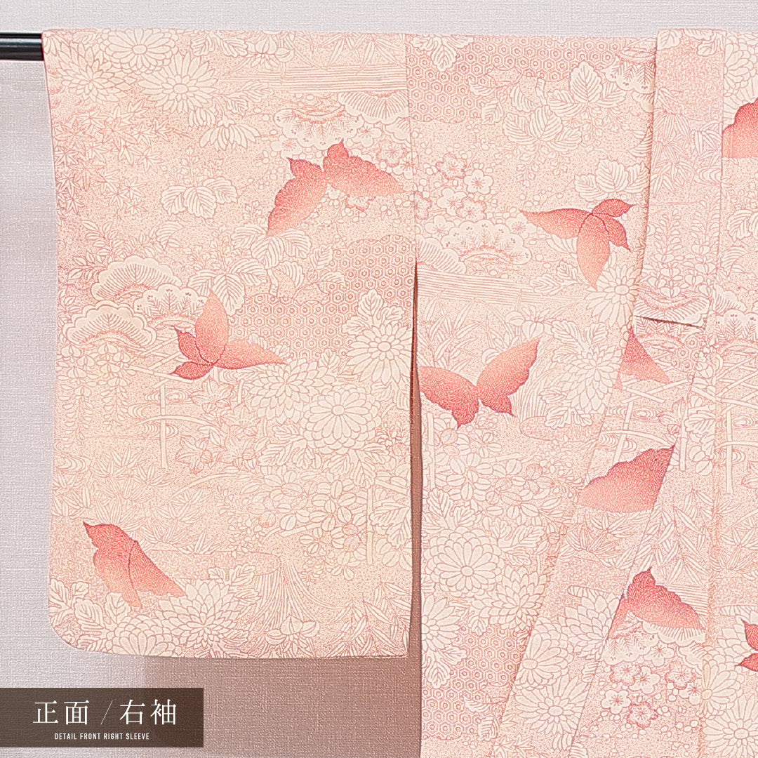 小紋 袷 身丈154cm 裄丈62cm 正絹 Sランク インフォーマル バチ衿 Sサイズ 蝶 菊 赤系 RP 1221-15470
