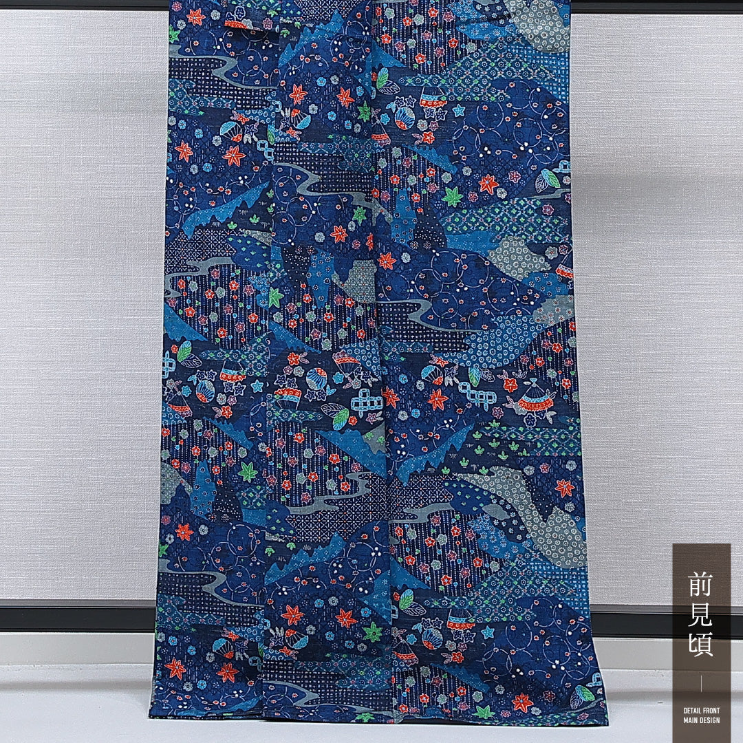 紬 単衣 身丈167cm 裄丈65cm 正絹 Cランク カジュアル バチ衿 XLサイズ 染め紬 花柄 青系 LP 1223-15537