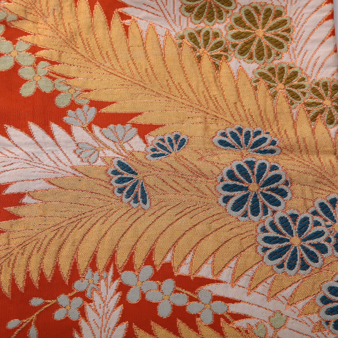 アンティーク 九寸名古屋帯 帯丈345cm カジュアル 名古屋仕立て 六通 Aランク 正絹 菊 朱系 1224-03532