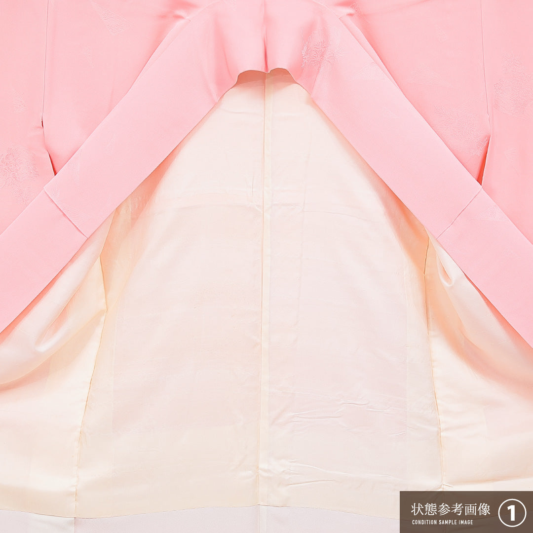 色無地 袷 身丈156cm 裄丈62cm 正絹 Aランク 一つ紋 (中陰五三桐) 紋意匠 (古典柄) セミフォーマル 広衿 Mサイズ ピンク系 RP 1219-16657