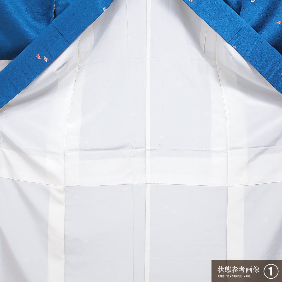 小紋 袷 身丈152cm 裄丈60cm 正絹 Sランク Sサイズ 広衿 インフォーマル 鴛鴦 青系 1215-15903