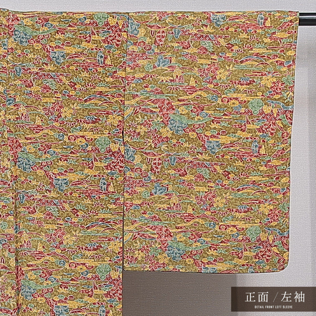 未使用品 小紋 袷 身丈156cm 裄丈64cm 正絹 Nランク インフォーマル バチ衿 Mサイズ 植物柄 緑系 RP 1221-15362
