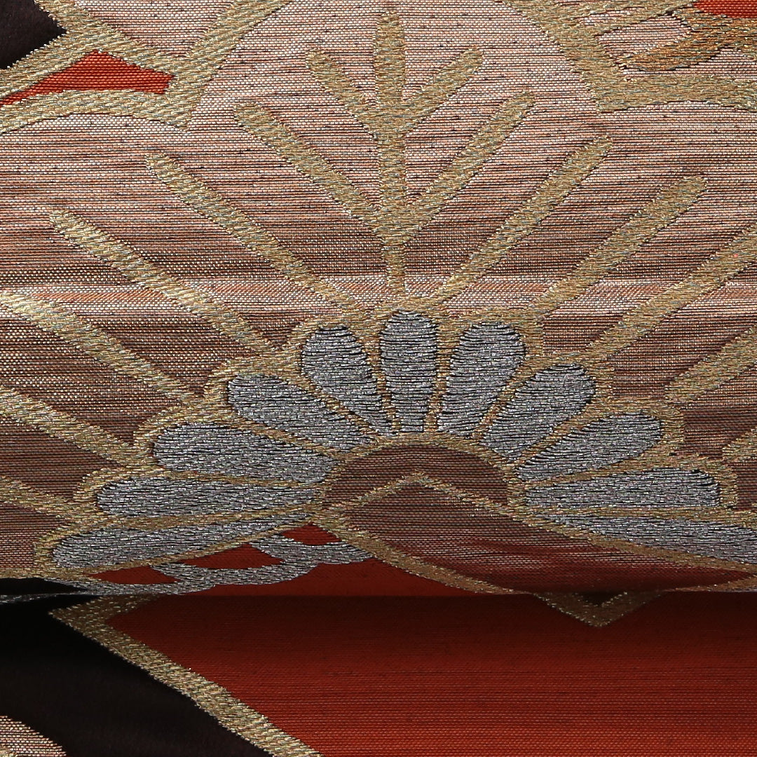 アンティーク 袋帯 帯丈416cm フォーマル 六通 未仕立て 帯芯なし Aランク 正絹 梅 笠松 茶系 1223-01974