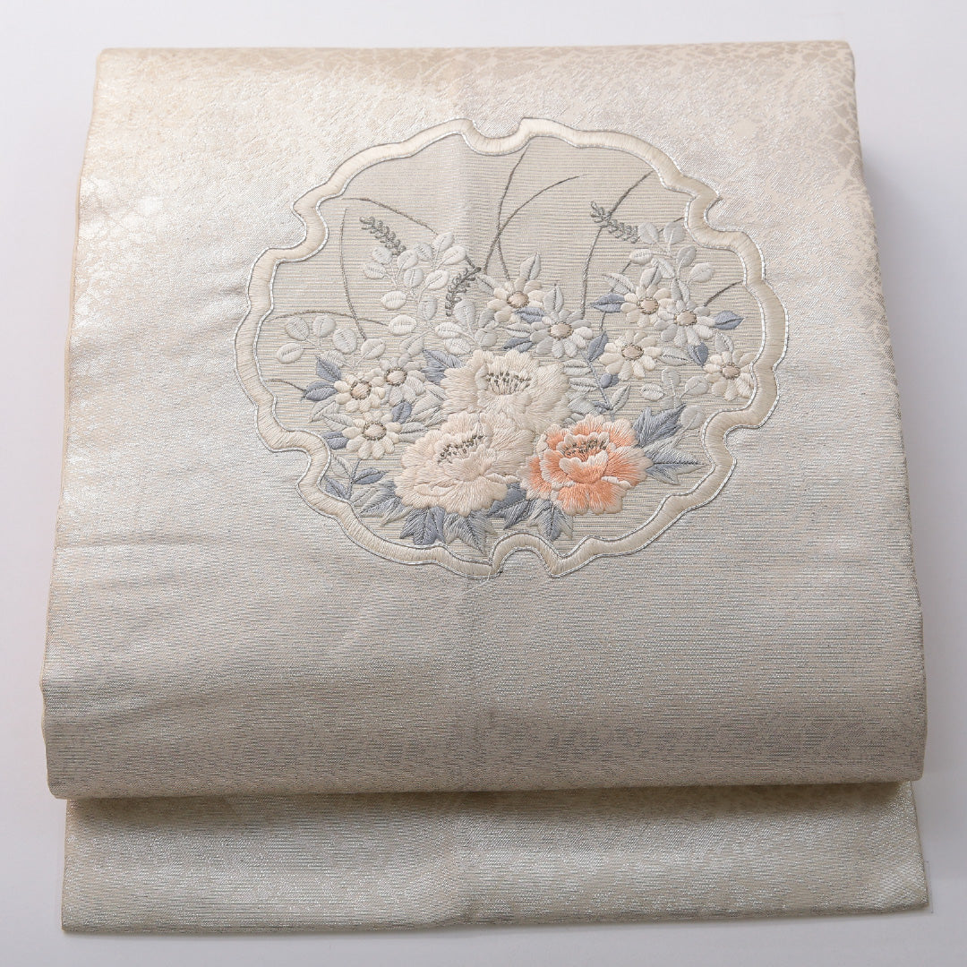 九寸名古屋帯 帯丈358cm セミフォーマル 名古屋仕立て ポイント柄 Cランク 正絹 雪輪 牡丹 銀系 1224-03646