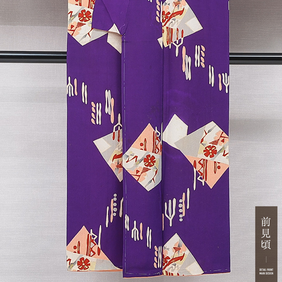 アンティーク 小紋 袷 身丈145cm 裄丈64cm 正絹 Bランク XSサイズ 広衿 創作柄 金彩 紫系 1215-15606