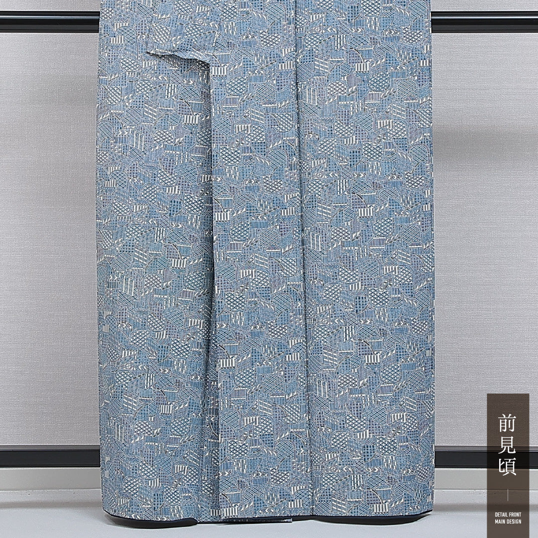 小紋 袷 身丈161cm 裄丈63cm 正絹 Aランク インフォーマル 広衿 Lサイズ 光悦垣 水色系 RP 1221-16081
