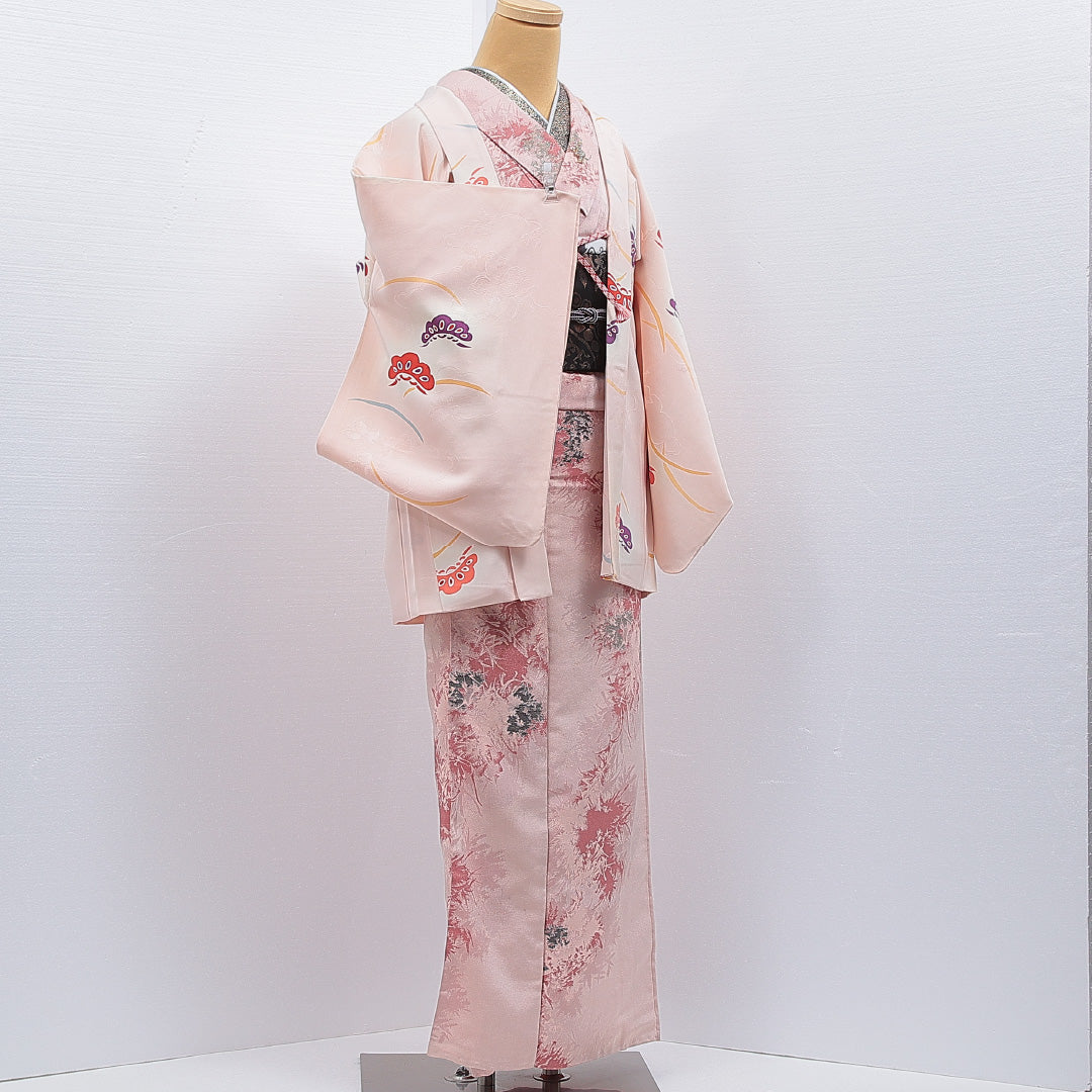 羽織 袷 身丈75cm 裄丈62cm 正絹 Cランク カジュアル Sサイズ 染め紬 紐あり 笠松 ピンク系 HP 1232-16854