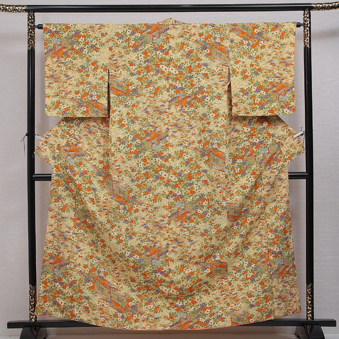 洗える着物 小紋 袷 身丈160cm 裄丈64cm ポリエステル Sランク インフォーマル 広衿 Lサイズ 茶屋辻 クリーム系 RP 1221-16357
